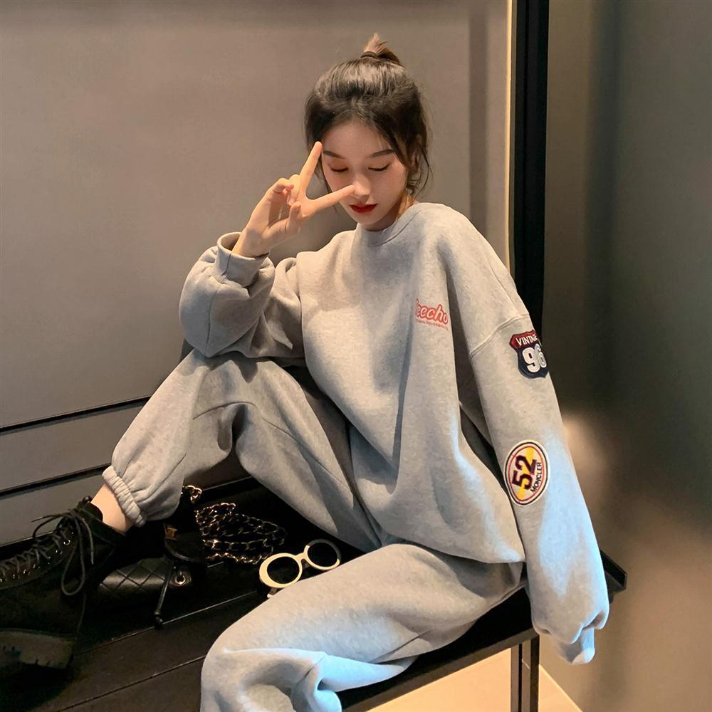 Set áo quần sweater nhung dày form rộng thời trang thu đông giải trí của nữ