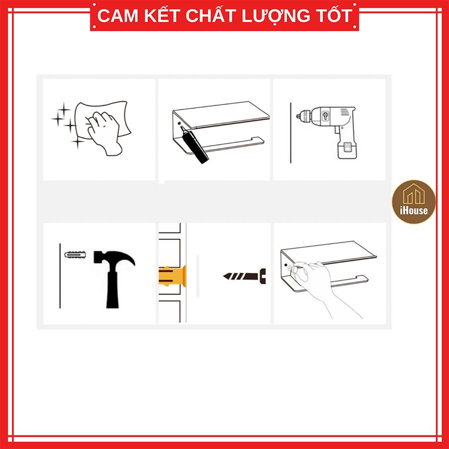 Lô giấy nhà vệ sinh treo tường inox đen sang trọng, kệ treo giấy vệ sinh kèm giá để điện thoại hữu ích