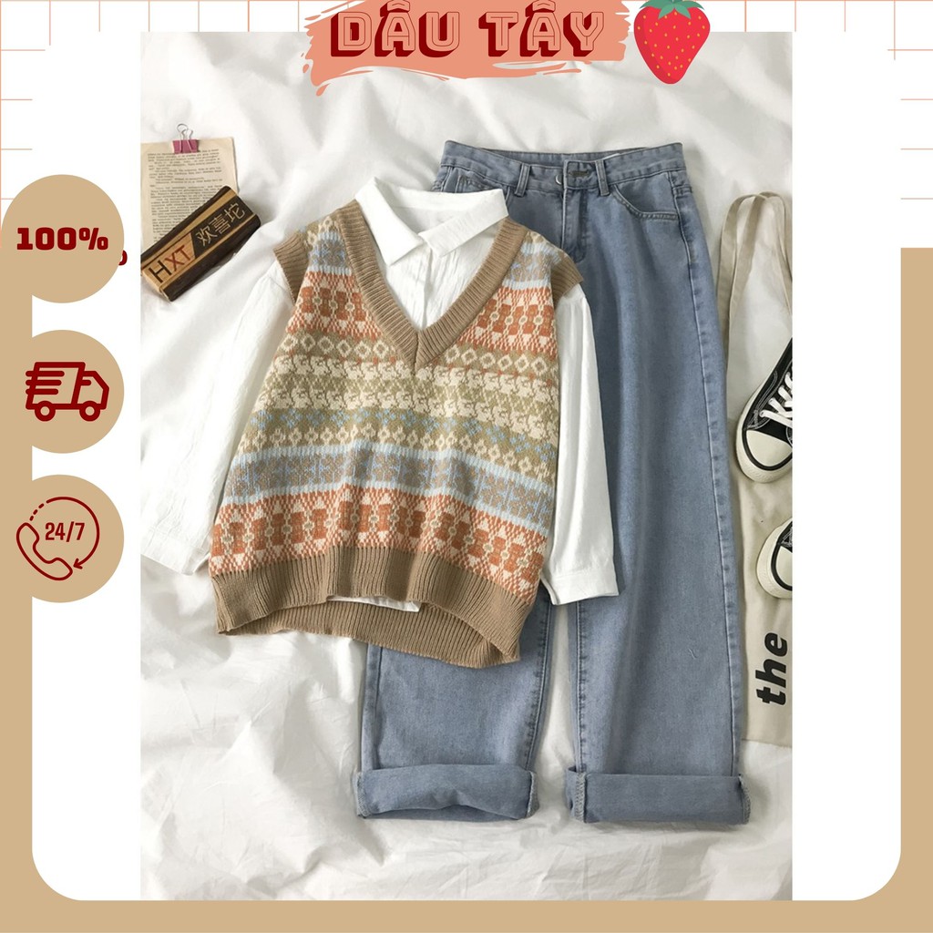 Set áo gile thổ cẩm len+áo sơ mi trắng ulzzang (3 ảnh thật ở cuối)