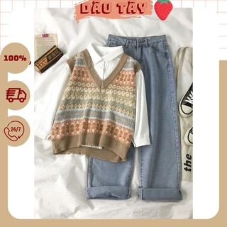Set áo gile thổ cẩm len+áo sơ mi trắng ulzzang
