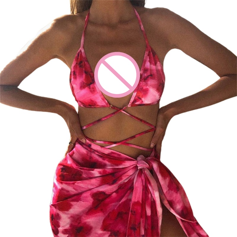 Set bikini 3 mảnh in họa tiết hoa nhuộm màu gợi cảm cho nữ gồm áo, quần tắm dây và xà rông