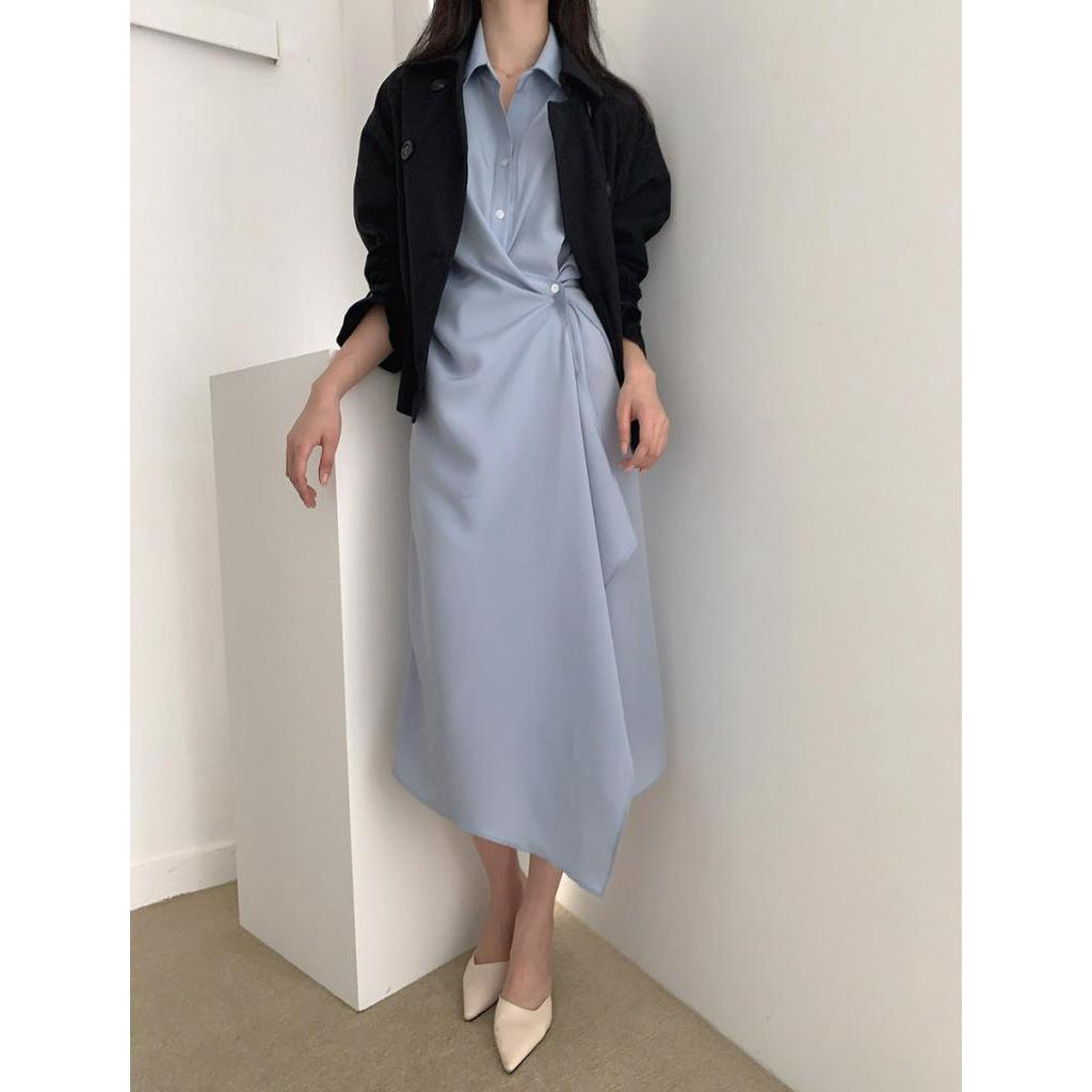 Đầm Dài Tay Thiết Kế Lệch Tà Thời Trang Mùa Xuân Cho Nữ