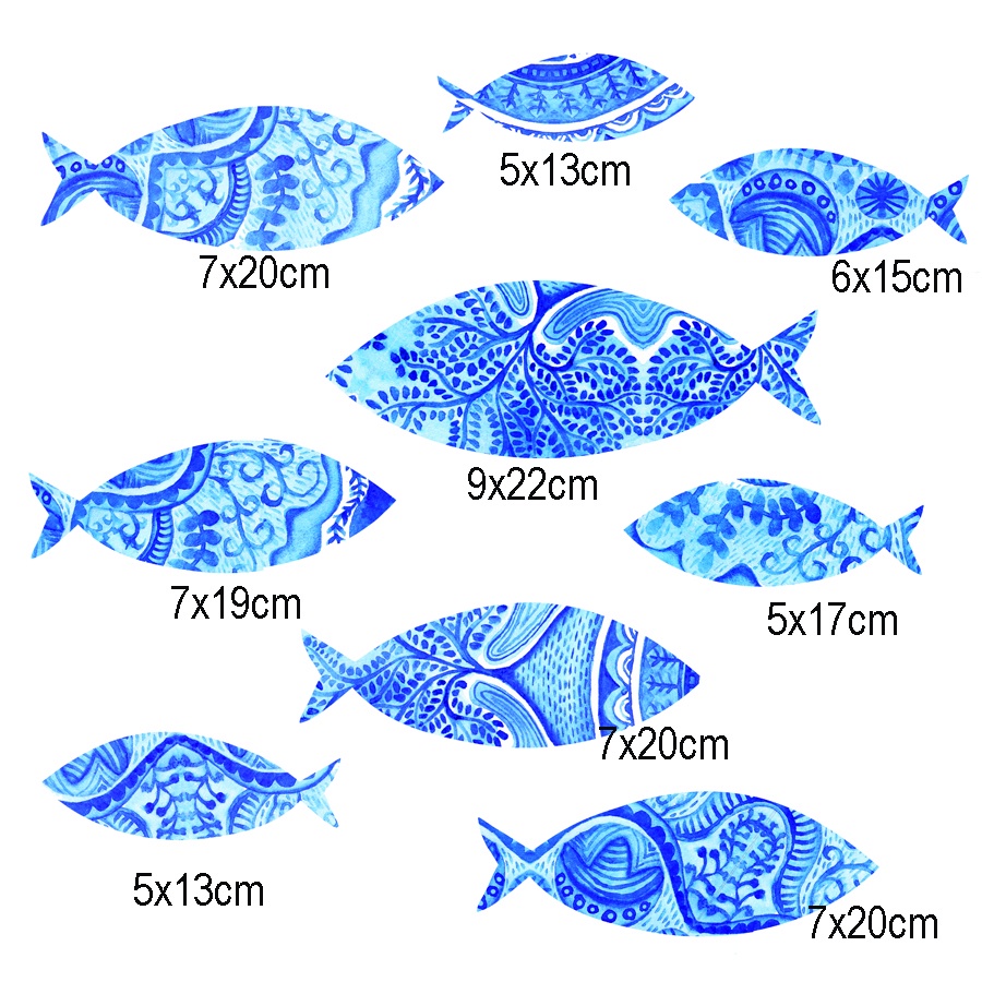 Bộ tranh cá dán tường 9 chú cá LuHau hoa tiết Xanh Lam thổ cẩm dán sẵn băng dính trang trí nội thất tiện lợi