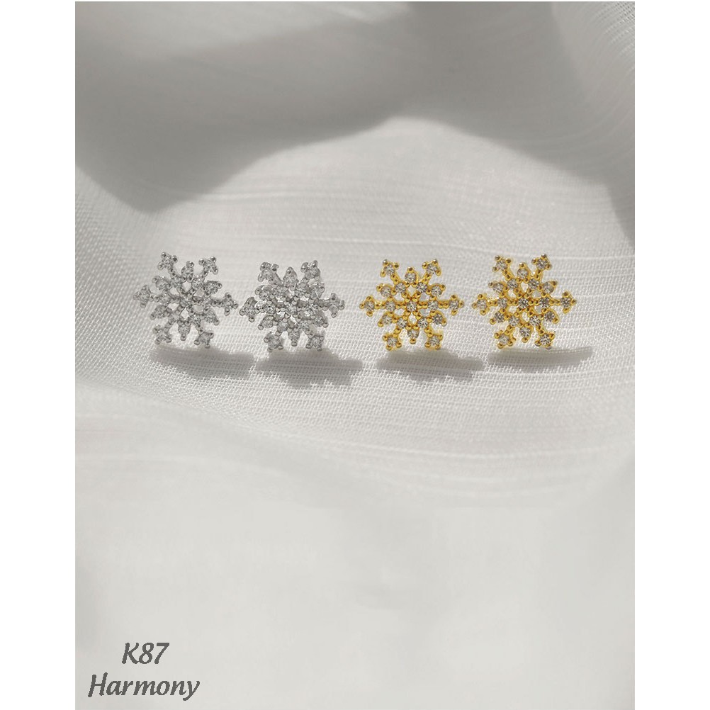 Khuyên tai bạc mạ vàng mặt bông hoa tuyết đính đá, bông tai nữ sang trọng cá tính K87| TRANG SỨC BẠC HARMONY
