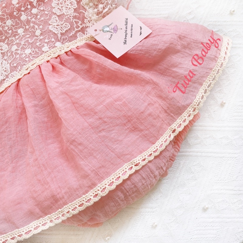 Bodysuit Cho Bé Gái Màu Hồng, Thiết Kế Ren Ngực Sang Chảnh, Body Cho Bé Kèm Turban 🎀