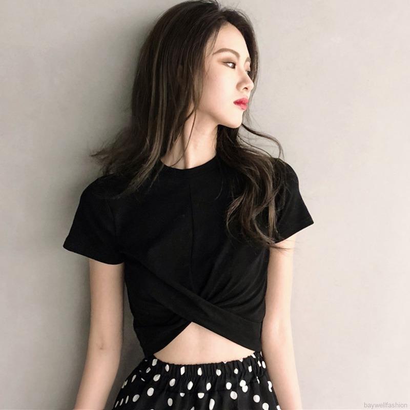 [Baywellfashion]Áo Croptop Cổ Tròn Màu Trơn Thời Trang