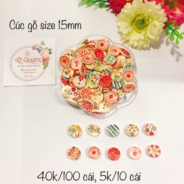 Cúc gỗ tròn hoa 15mm túi 100 cái