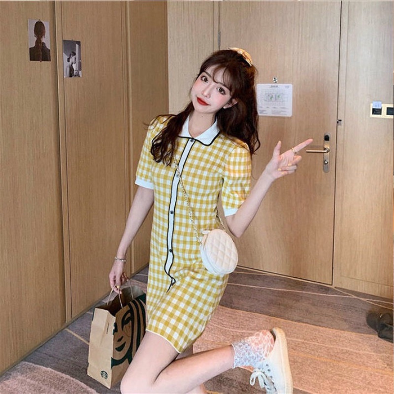 Đầm ngắn cổ polo họa tiết kẻ sọc thiết kế thời trang Hàn Quốc cho nữ