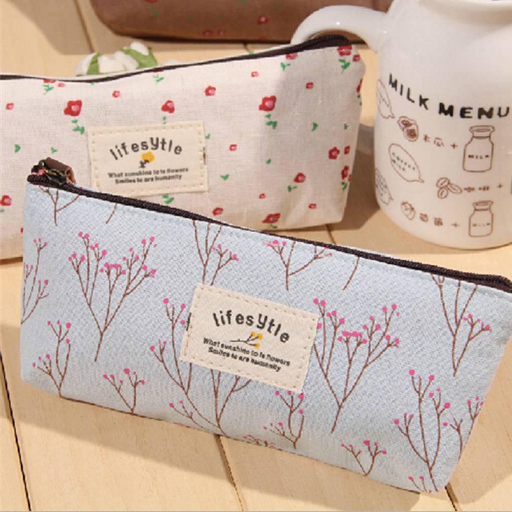 Túi Đựng Bút / Mỹ Phẩm Bằng Vải canvas Họa Tiết Hoa Xinh Xắn Tiện Dụng