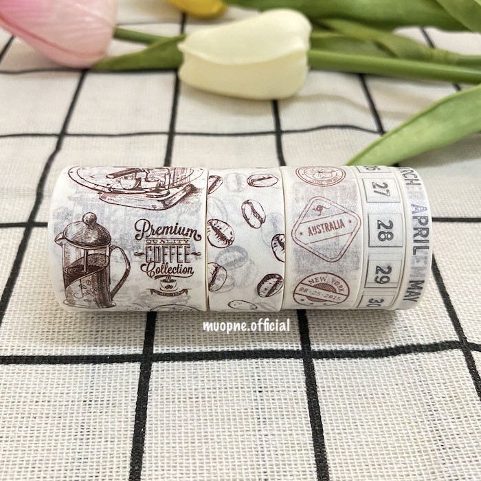 Washi tape trang trí sổ màu trắng họa tiết coffee vintage