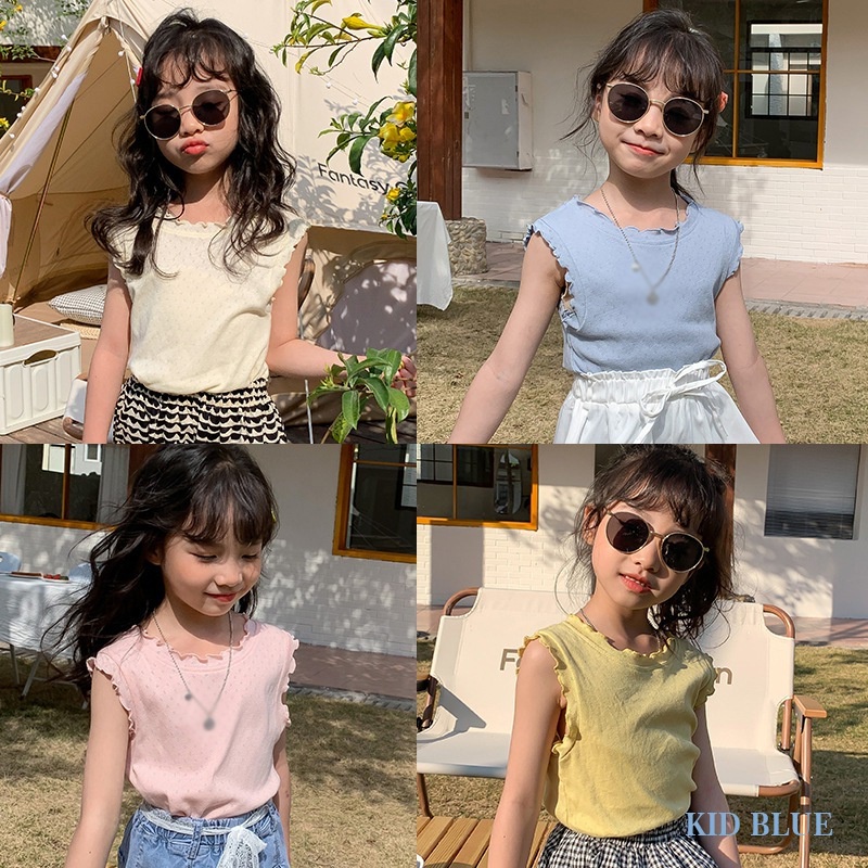 Áo Cổ Bèo Không Tay Màu Trơn Phối Ren Thời Trang Mùa Hè Hàn Quốc Cho Bé Gái