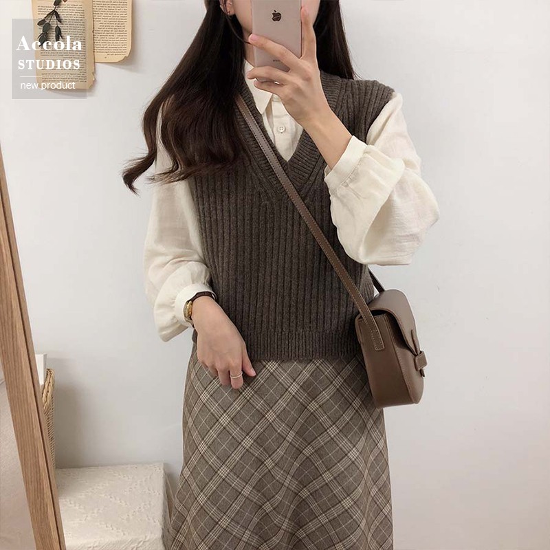 Chân váy MORAN kẻ sọc caro cạp cao xòe dài nhẹ nhàng vintage kiểu Pháp