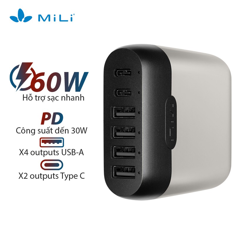 [Mã ELDTR70 giảm 5% đơn 150K] Sạc 6 cổng PD/60W Station III MiLi - HC-H60-C màu xám sáng