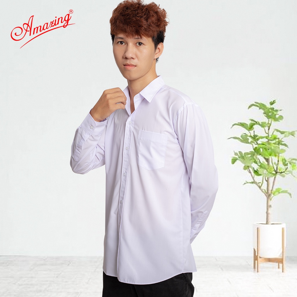 Áo trắng học sinh nam tay dài Amazing, dáng suông, tà bầu, đồng phục học sinh, công sở, size từ lớp 1 đến đại học.