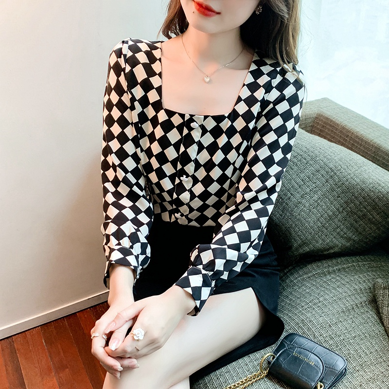 Áo Sơ Mi Tay Dài Cổ Vuông Họa Tiết Sọc Caro Màu Cà Phê Đen Phong Cách Vintage Hàn Quốc Thời Trang Xuân Thu Cho Nữ