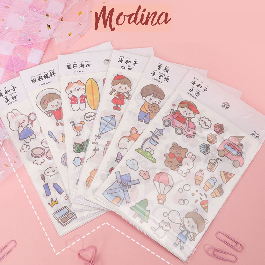 Set 4 tấm sticker cute thỏ xinh cùng các đồ dùng trong cuộc sống, hình dán sticker dễ thương