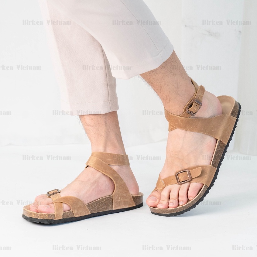 [ Lót Chống Nước ] DK16 - Sandal Birken Đế Trấu, Sandal Da Bò Unisex Nam và Nữ Quai xỏ ngón Bioline