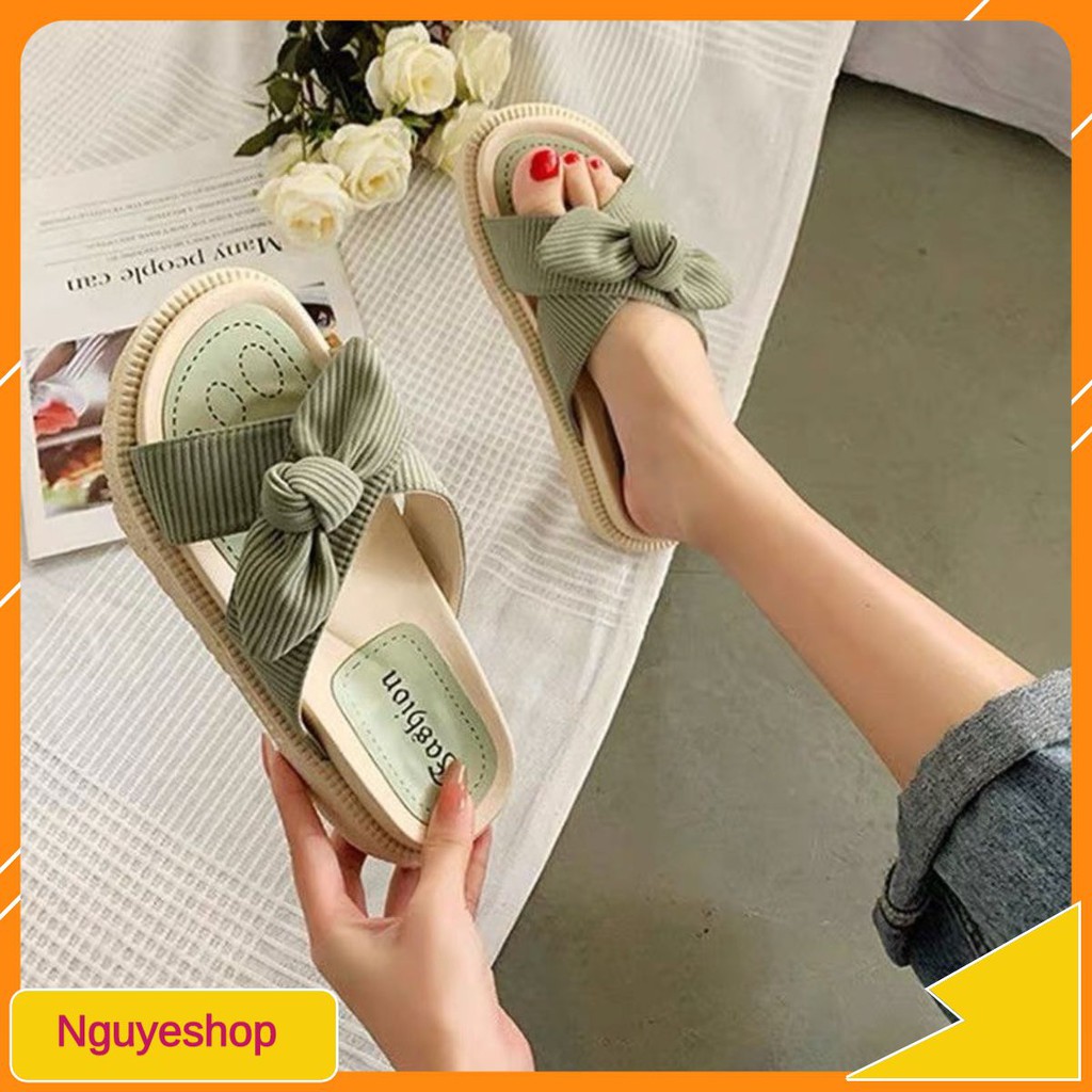 (ORDER) Dép lê bánh mì quai da lộn 4cm nơ chéo BIG SIZE 35-44