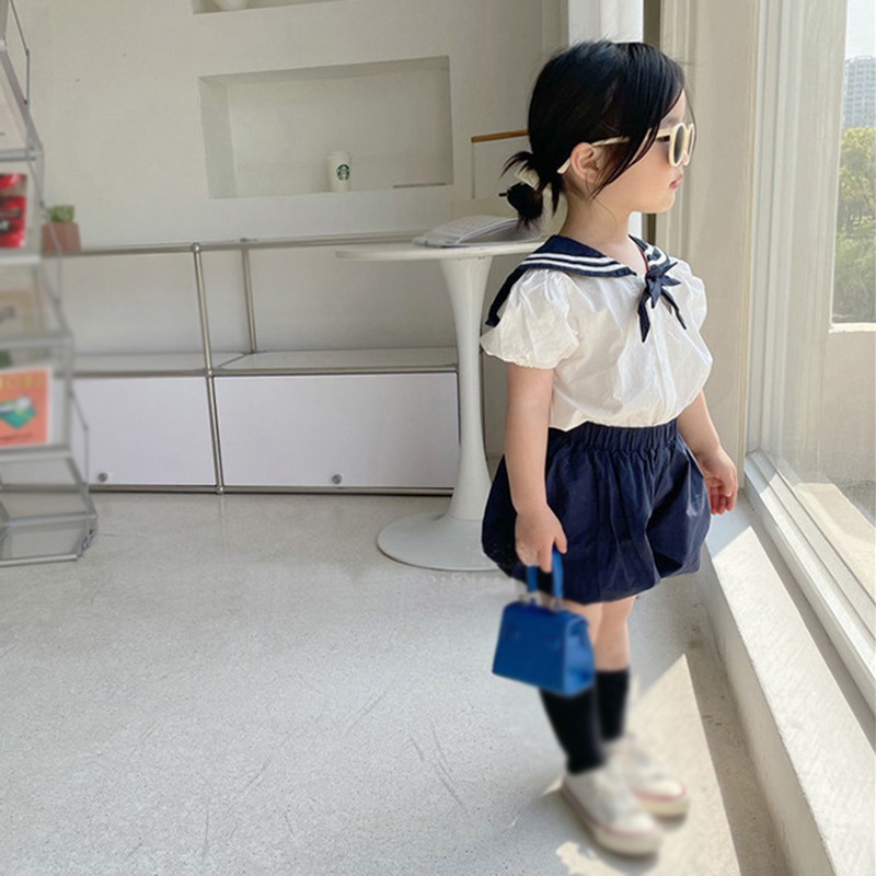 Se7en Bộ Áo Tay Phồng Đính Nơ + Quần Short Thời Trang Mùa Hè Hàn Quốc Cho Bé Gái