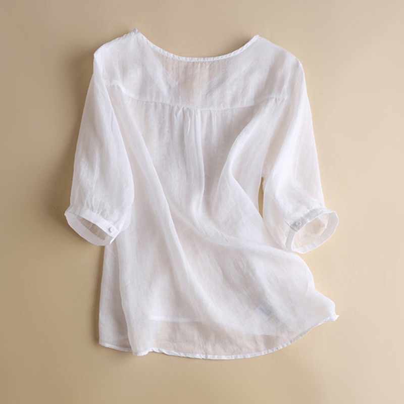 Áo cotton lanh lạnh ngắn tay thêu cổ chữ V thời trang hè