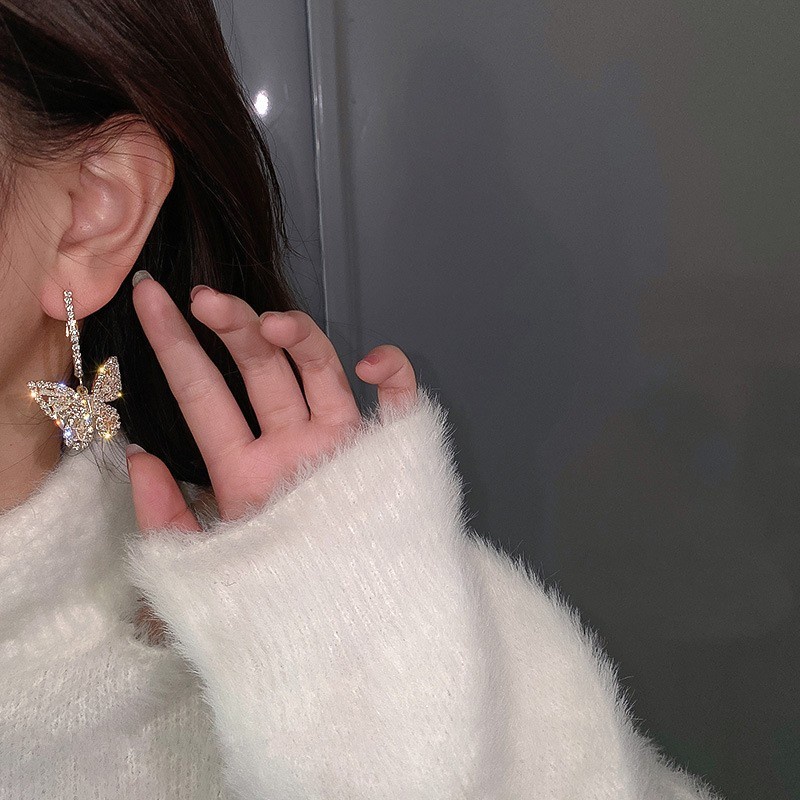 Bông tai hình bướm đính đá zircon màu sắc đơn giản phong cách Hàn Quốc