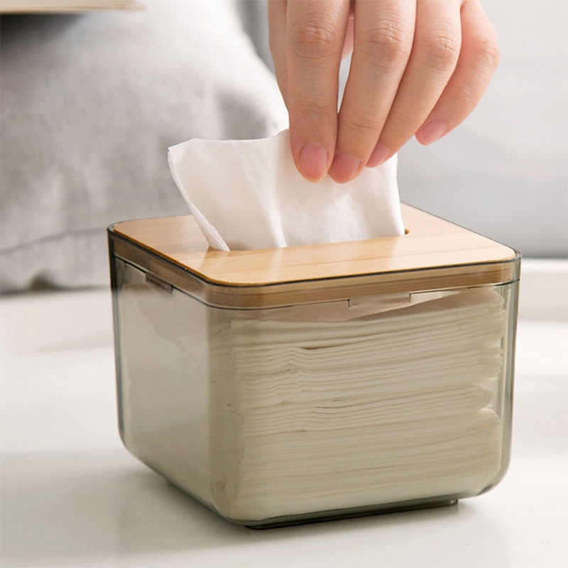 Hộp đựng khăn giấy JUJIAJIA trong suốt nắp gỗ để bàn cafe phòng khách nhà