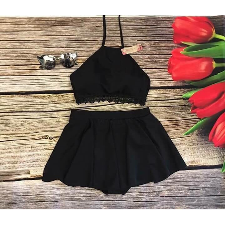 Bikini hai mảnh áo yếm đen váy xòe đẹp mặc đi biển ( Đảm bảo như hình)