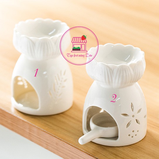 Đèn đốt tinh đầu GỐM SỨ hoa sen trắng + tặng 5 viên nến đốt tealight