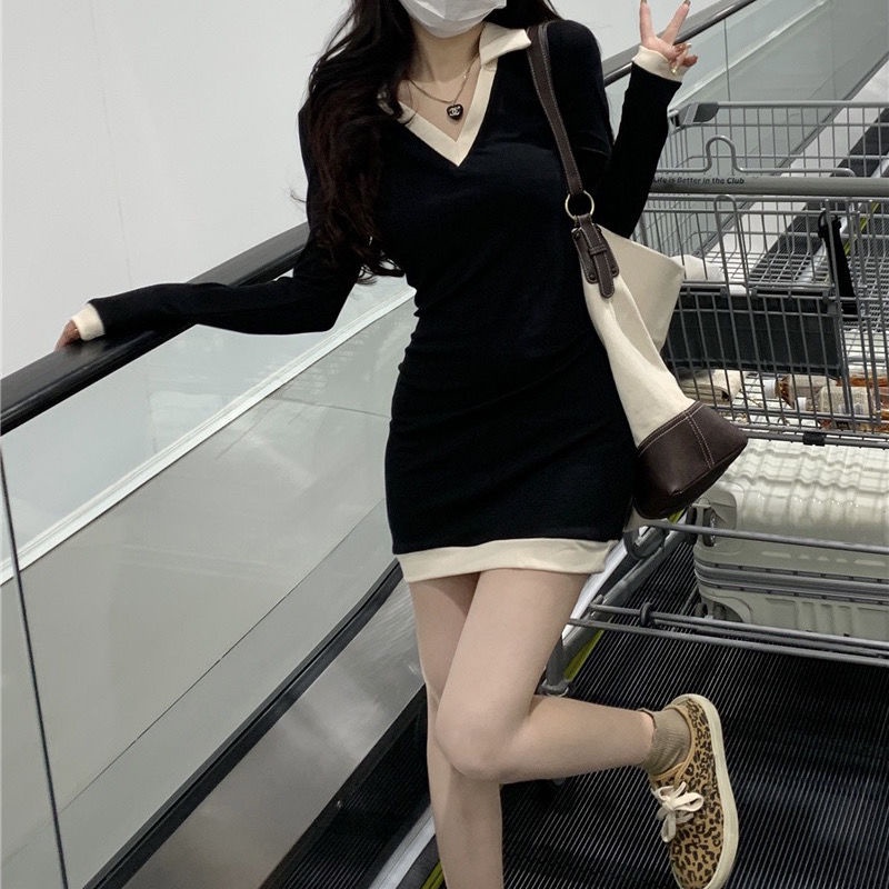 Đầm cổ polo ôm dáng màu tương phản thời trang cho nữ