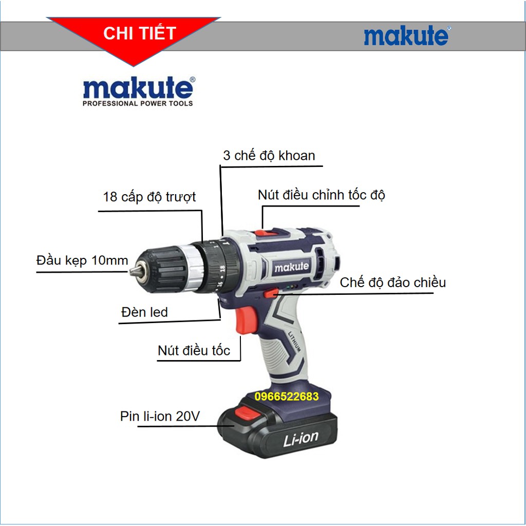 Máy khoan pin | Máy khoan pin Makute 20V | 3 chức năng tặng 2 pin + bộ đồ phụ kiện