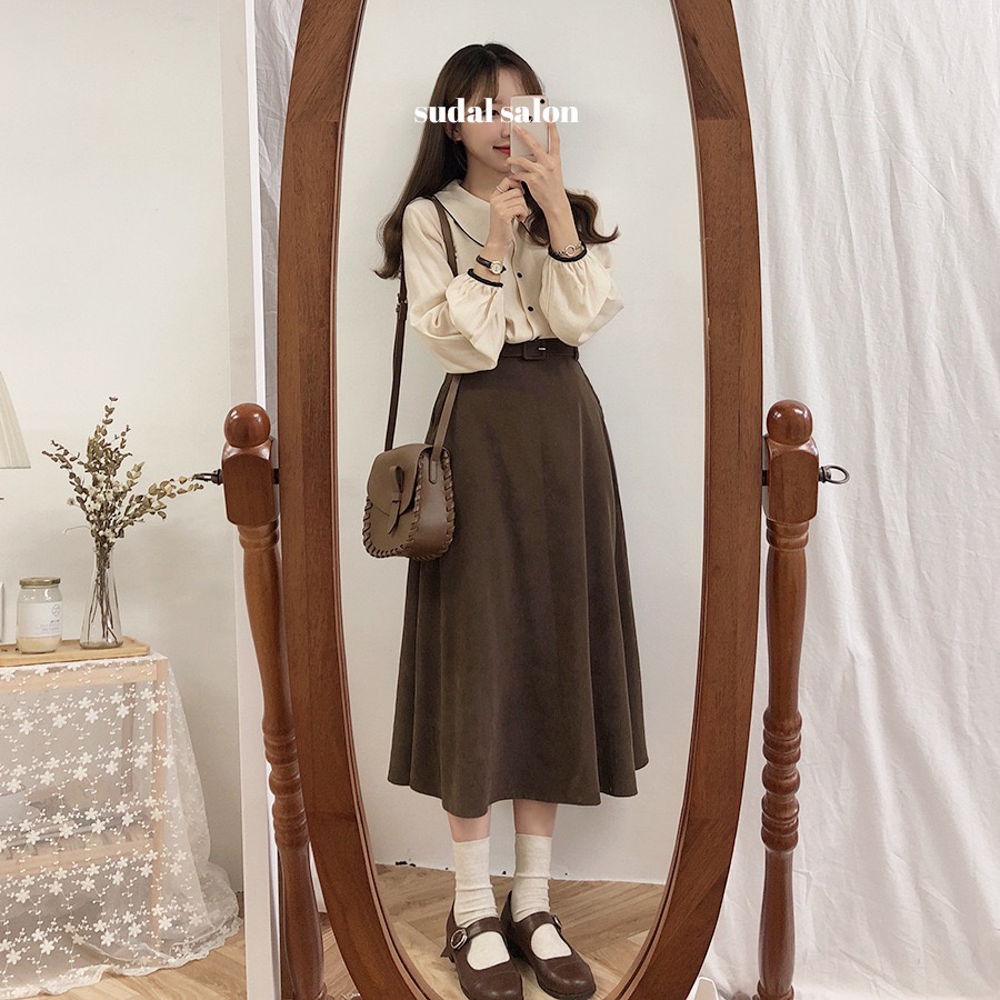 MS254 Áo sơ mi nữ cổ sen phối viền màu vintage