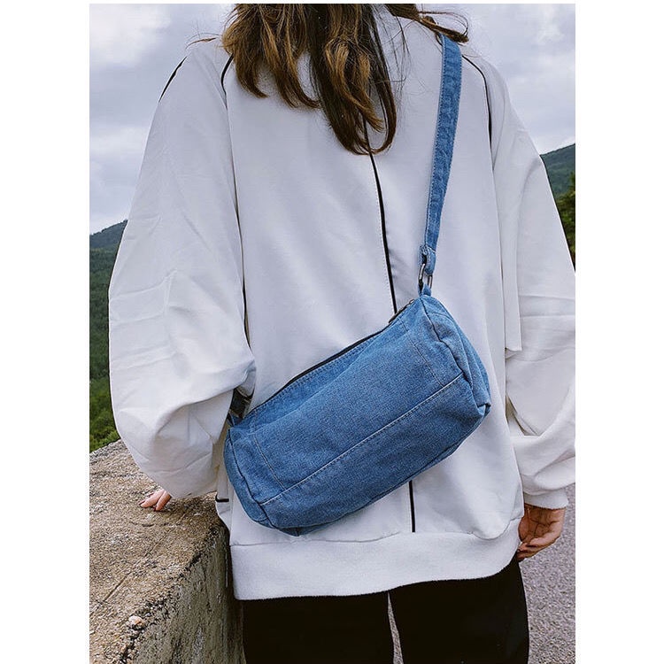 Túi Đeo Chéo Vải Denim Hình Trụ 3 Kiểu Tùy Chọn