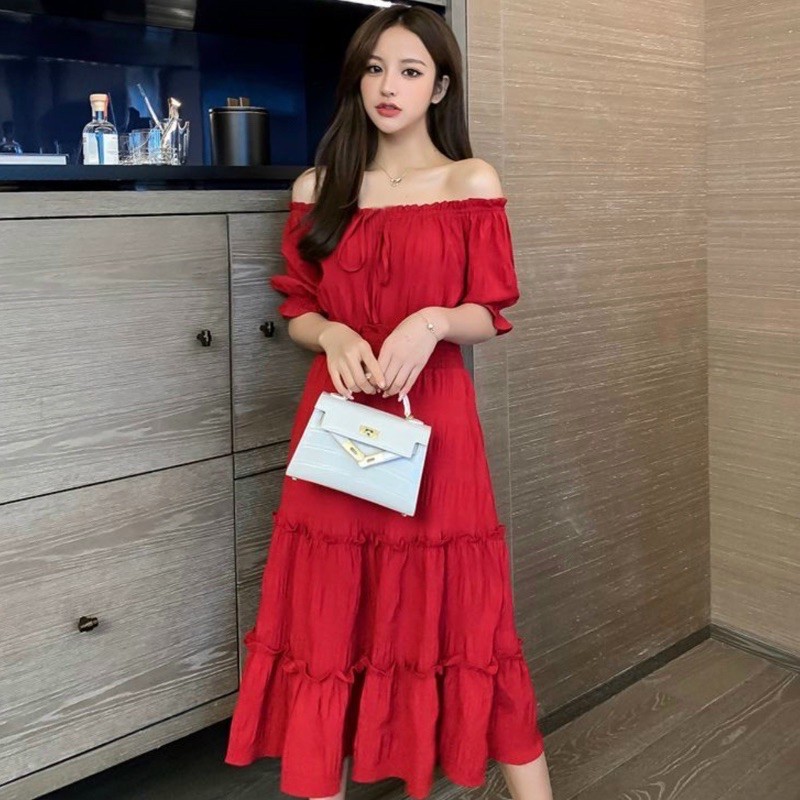[Mã FATHANG5 giảm 10K đơn 50K] Đầm đỏ tầng thun vai | BigBuy360 - bigbuy360.vn