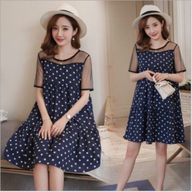 Váy Bầu Đầm Bầu Mùa Hè hình sao Cổ tròn Tay ngắn Công Sở Dáng A