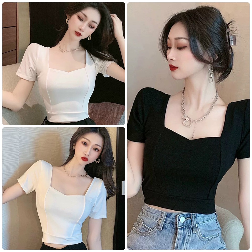 ÁO THUN CROPTOP NỮ FROM ÔM CỔ SÂU MAY VIỀN 2 MÀU SEXY GỢI CẢM - FREE SIZE DƯỚI 52KG - THẢO MY SHOP GB203