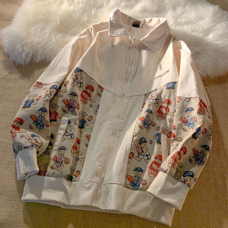 Áo khoác bóng chày cổ bẻ dáng rộng in hình gấu kiểu retro thời trang xuân thu cho nam