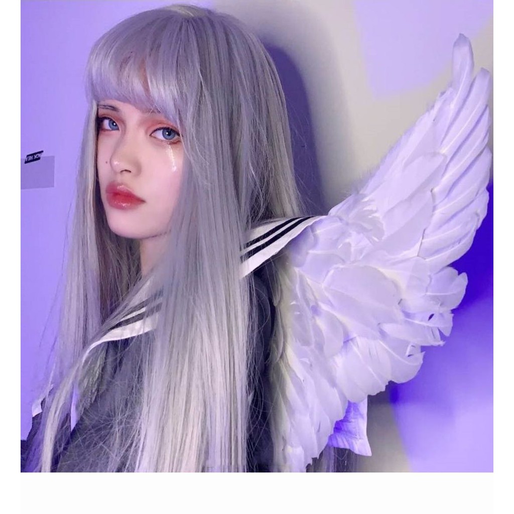 Tóc giả dài thẳng nhuộm màu xanh dương thời trang cho nữ kèm lưới trùm tóc giả