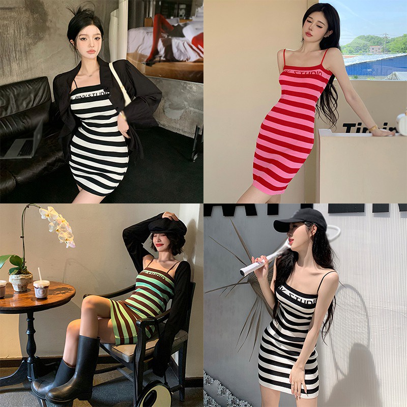 Đầm Dệt Kim Hai Dây In Chữ Thời Trang Hàn Quốc Dành Cho Nữ