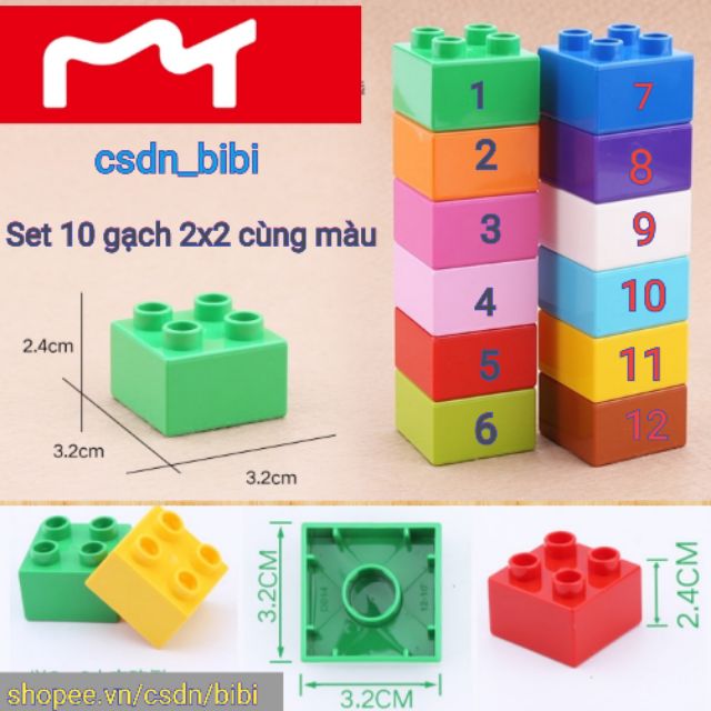 Smoneo - Set 10 viên gạch vuông 2x2 cùng 1 màu tương thích lego duplo