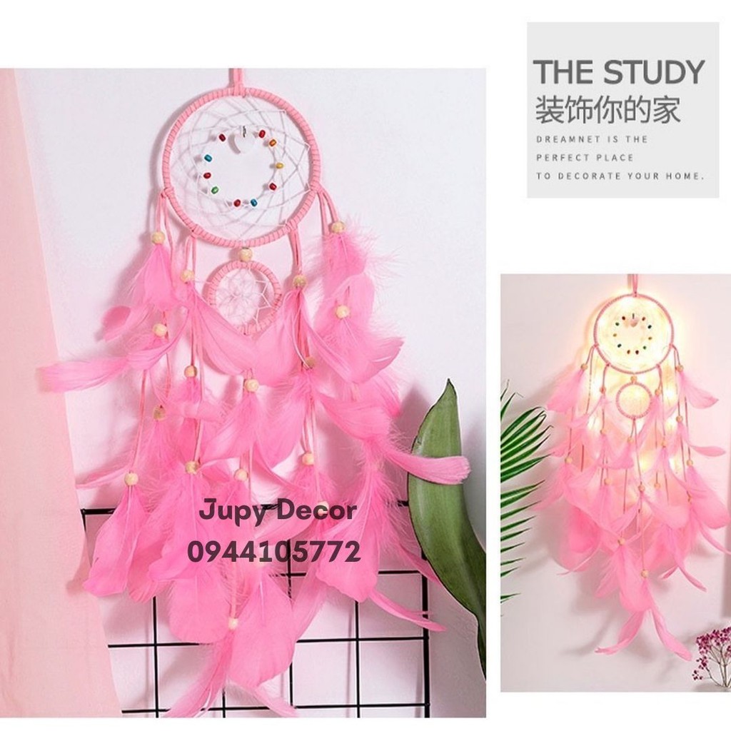 [SẴN + TẶNG ĐÈN ĐOM ĐÓM ] Dreamcatcher đính lông vũ màu pastel trắng /xanh /tím /hồng treo tường trang trí phòng ngủ