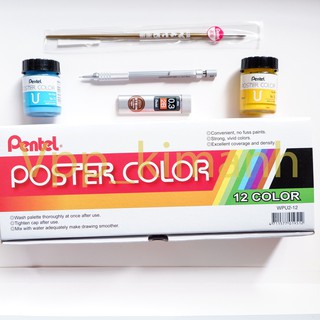 Màu nước pentel poster color wpu2-12 - chì kim thân kim loại pentel 0.3 - ruột chì kim 0.3 - cọ pentel