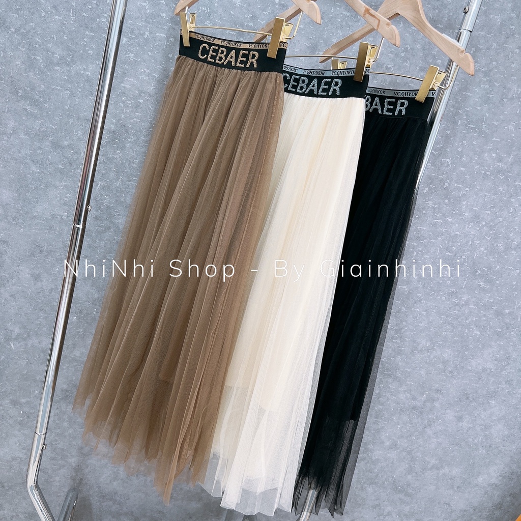 Chân váy xếp ly in chữ CEBA dáng dài, Chân váy maxi lưới cạp chun CV - NhiNhi Shop
