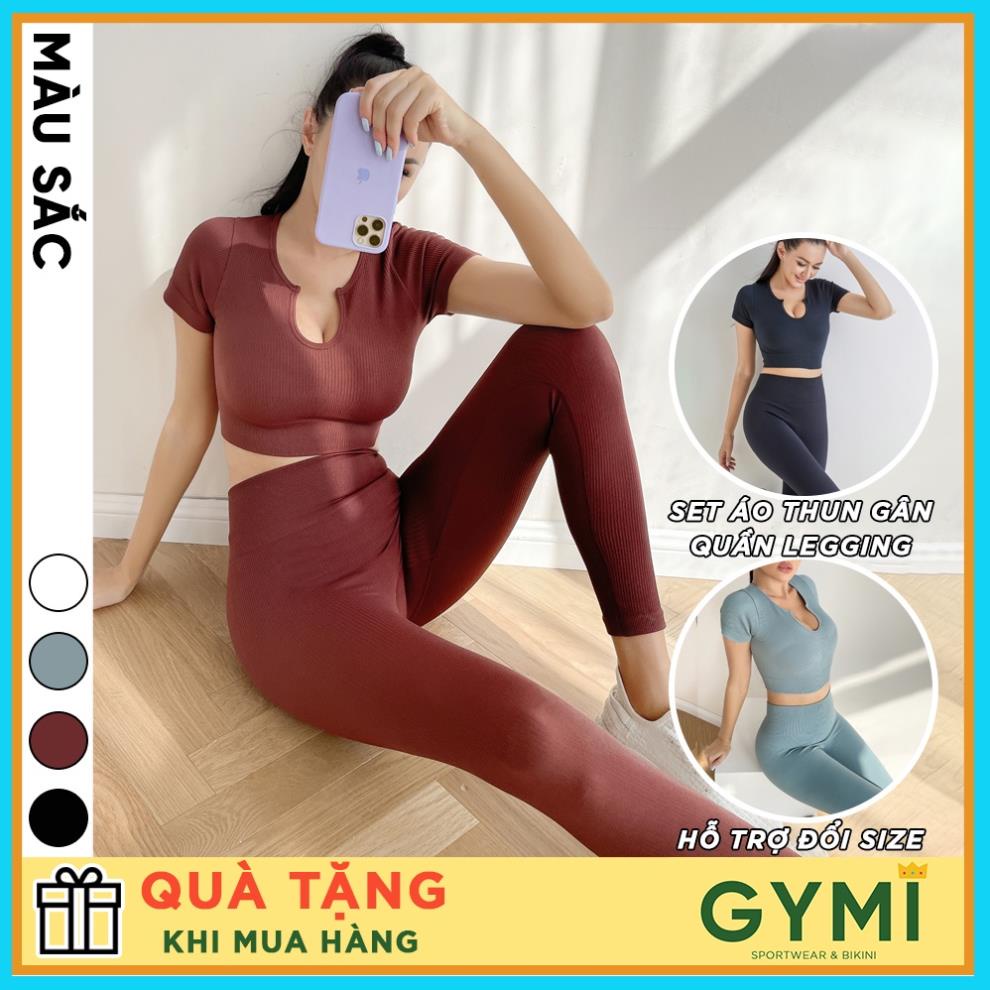 ib Set bộ đồ tập gym yoga nữ GYMI SET15 gồm áo croptop ngắn tay và quần legging dài thể thao chất dệt thun gân cao cấp