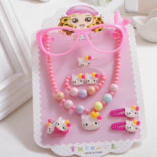 Bộ Dây Chuyền + Vòng Tay + Khuyên Tai Hình Mèo Hello Kitty Xinh Xắn Đáng Yêu Cho Bé Gái
