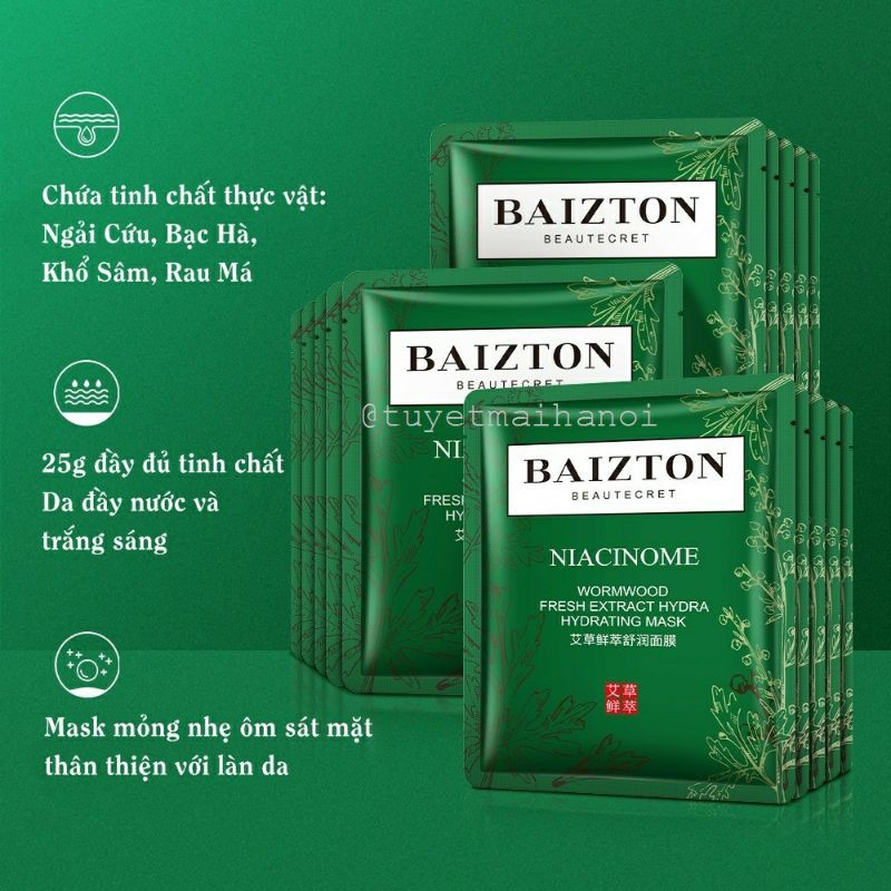 Combo 4 miếng mặt nạ dưỡng ẩm và se khít lỗ chân lông chiết xuất cây Ngải Cứu BAIZTON