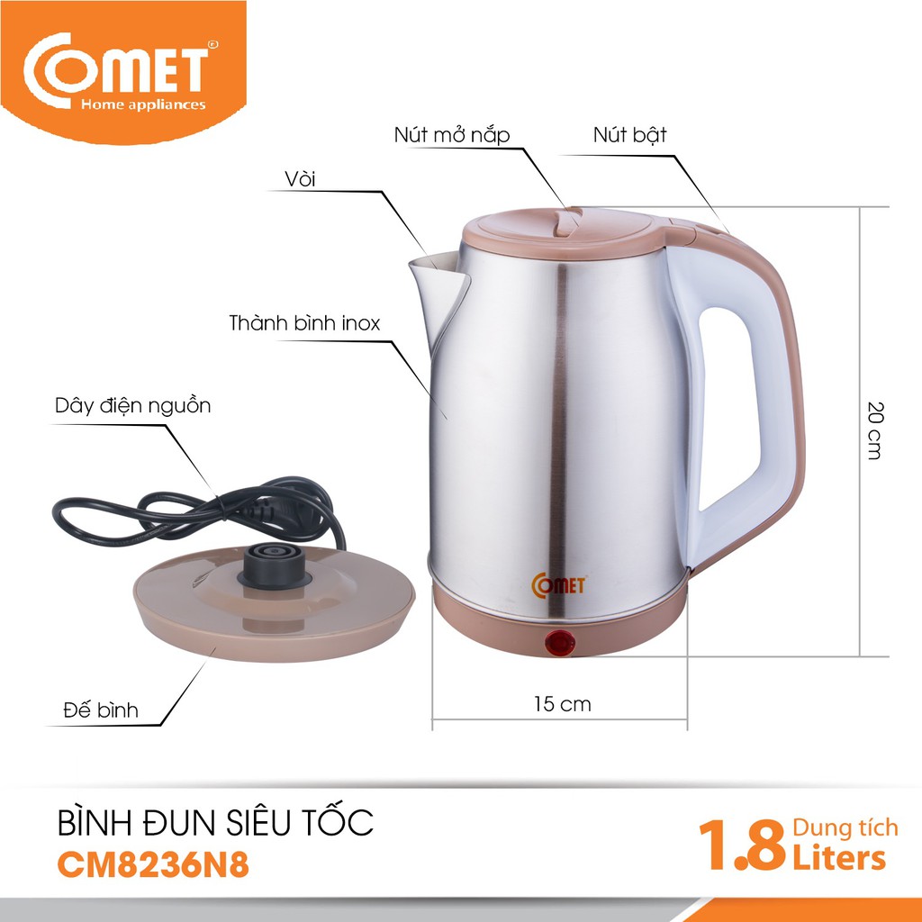 [Mã ELHADEV giảm 4% đơn 300K] Bình đun siêu tốc inox 1.8L Comet CM8236N8