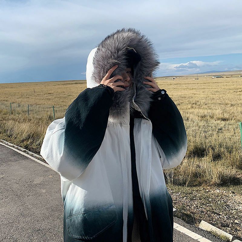 Áo Khoác Phao Màu Loang 2 Tầng Mũ Lông