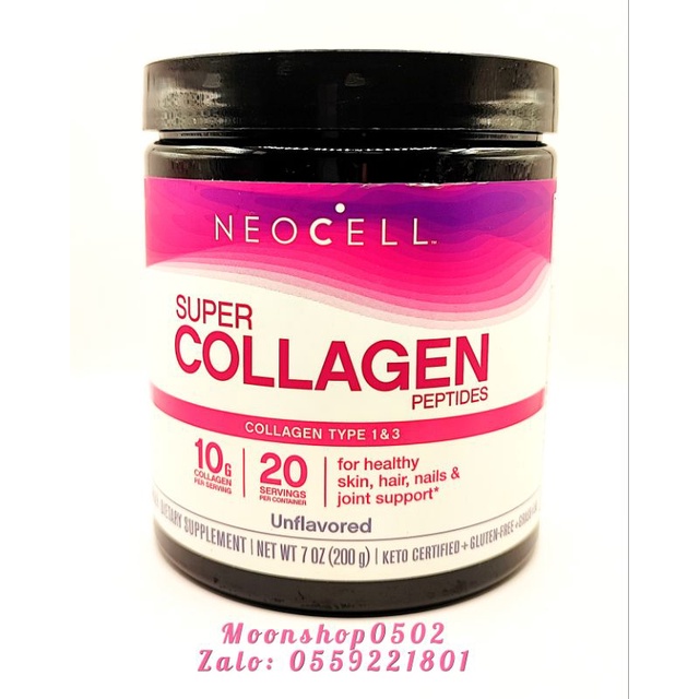 Bột Collagen , Collagen bôt tác dụng nhanh chóng ,Super Collagen Peptides Neocell 200g, Bột collagen thủy ngân 200G