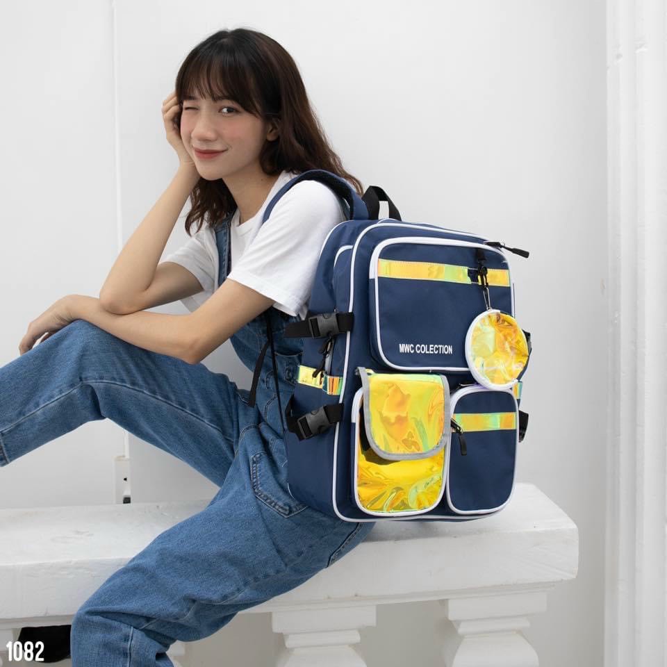 Balo trong suốt nam nữ đi học phối dạ quang bảy màu HOLO