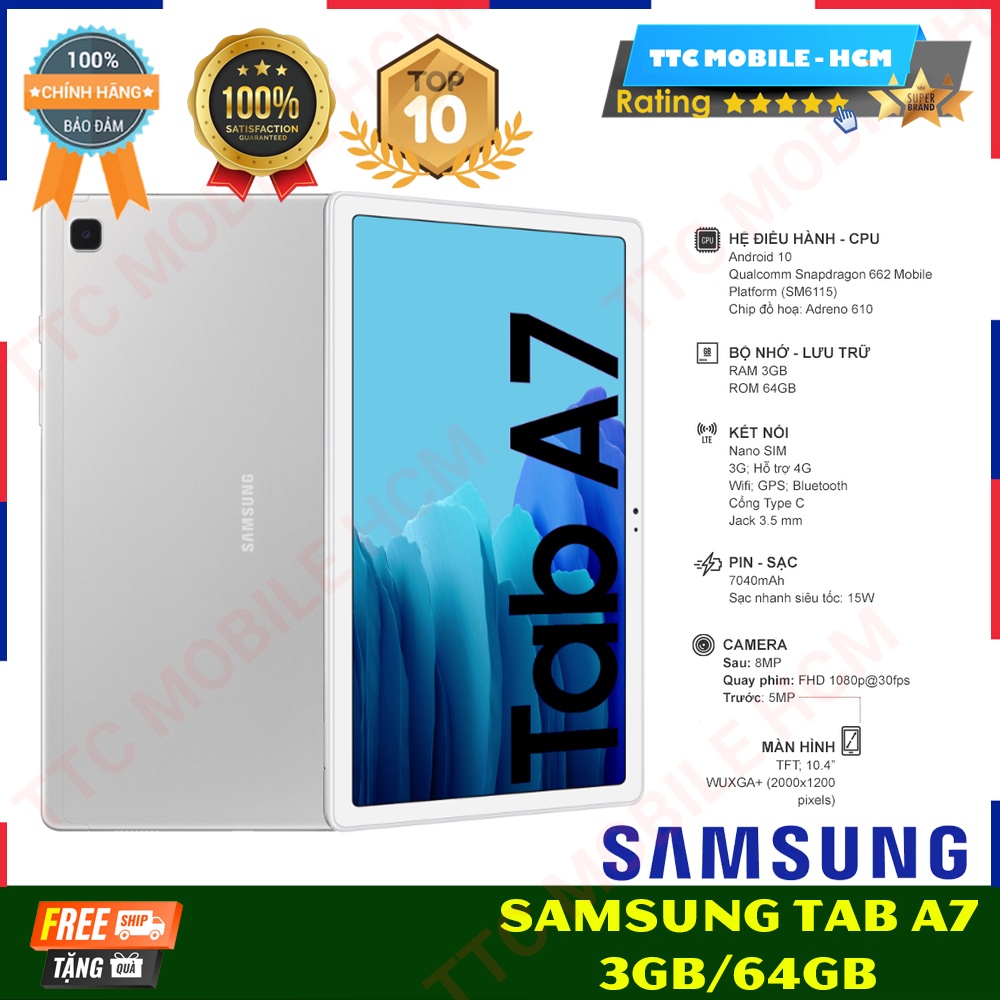 Máy tính bảng Samsung Galaxy Tab A7 (2020) Pin 5.000 mAH - Freeship | Hàng Chính Hãng - Nguyên Seal - TTC Mobile
